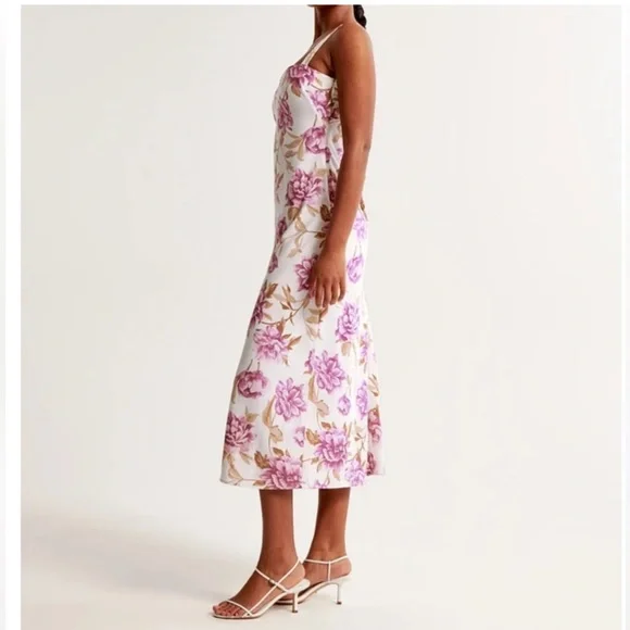 Abercrombie & Fitch Floral Midi Dress Bow Back Pink Cream Size Large NWT - Picture 2 of 9